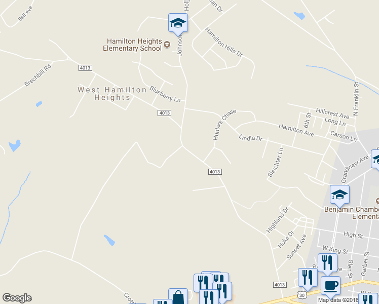 map of restaurants, bars, coffee shops, grocery stores, and more near 691 Sollenberger Road in Chambersburg