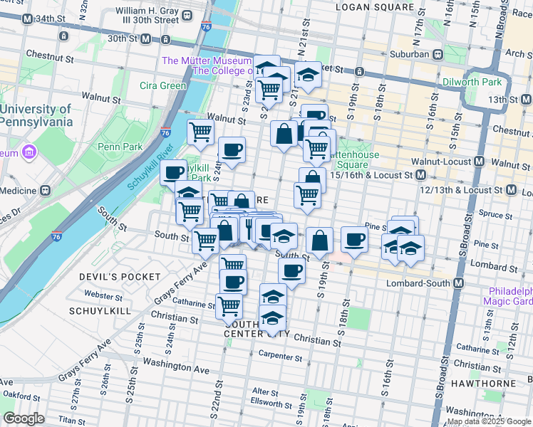 map of restaurants, bars, coffee shops, grocery stores, and more near 2110 Pine Street in Philadelphia