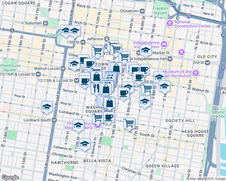 map of restaurants, bars, coffee shops, grocery stores, and more near 213 South Delhi Street in Philadelphia