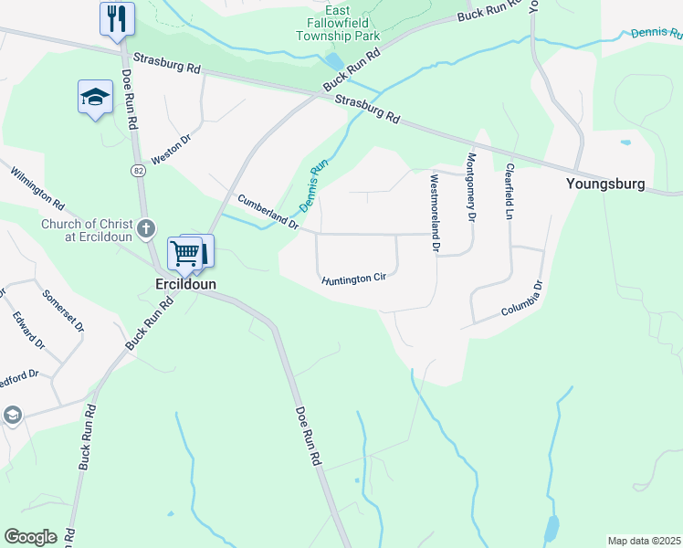 map of restaurants, bars, coffee shops, grocery stores, and more near 109 Huntington Circle in Coatesville