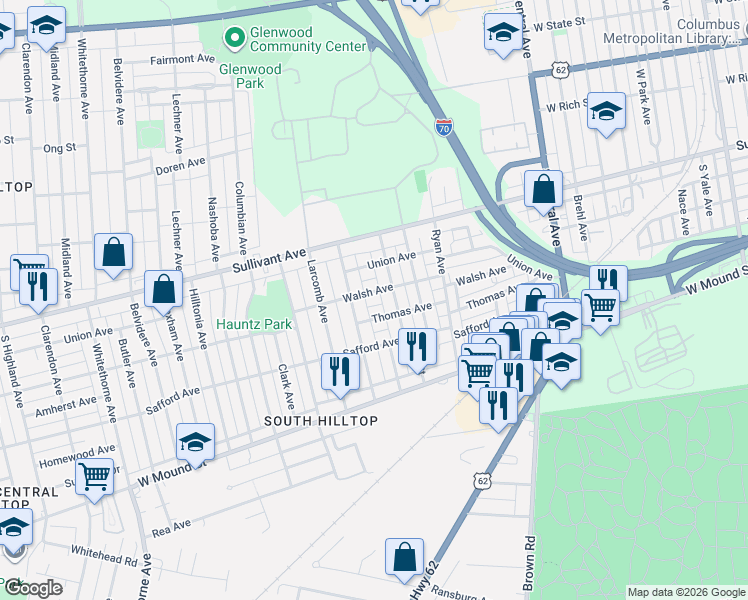 map of restaurants, bars, coffee shops, grocery stores, and more near 1722 Thomas Avenue in Columbus