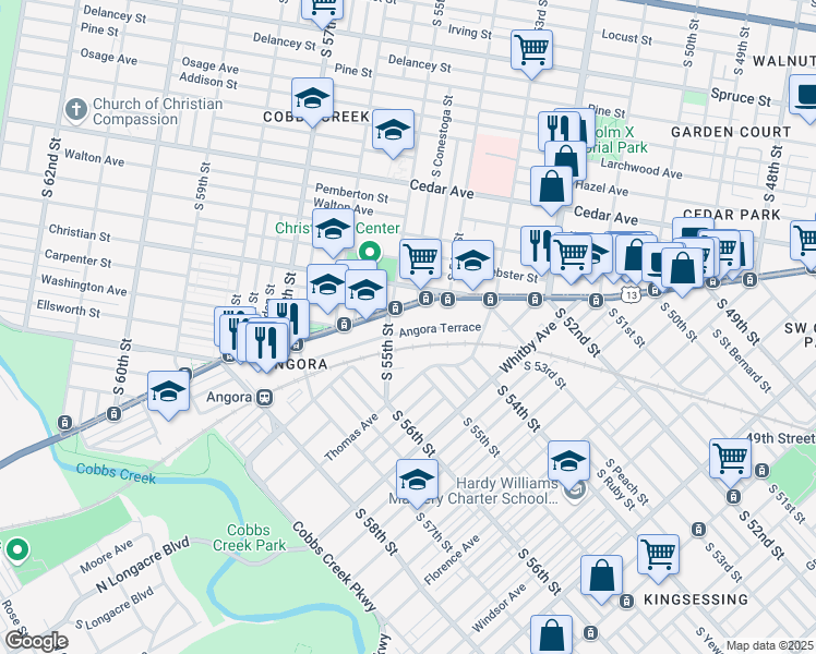 map of restaurants, bars, coffee shops, grocery stores, and more near 5422 Angora Terrace in Philadelphia