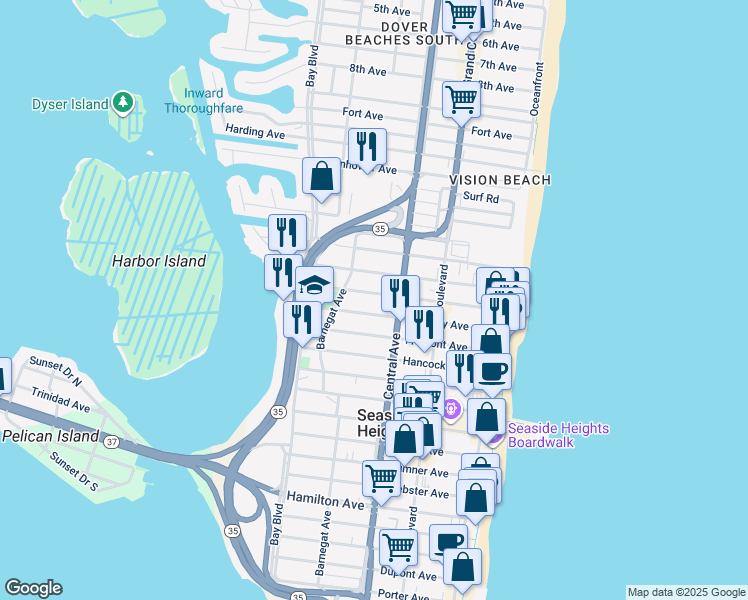 map of restaurants, bars, coffee shops, grocery stores, and more near 229 Carteret Avenue in Seaside Heights