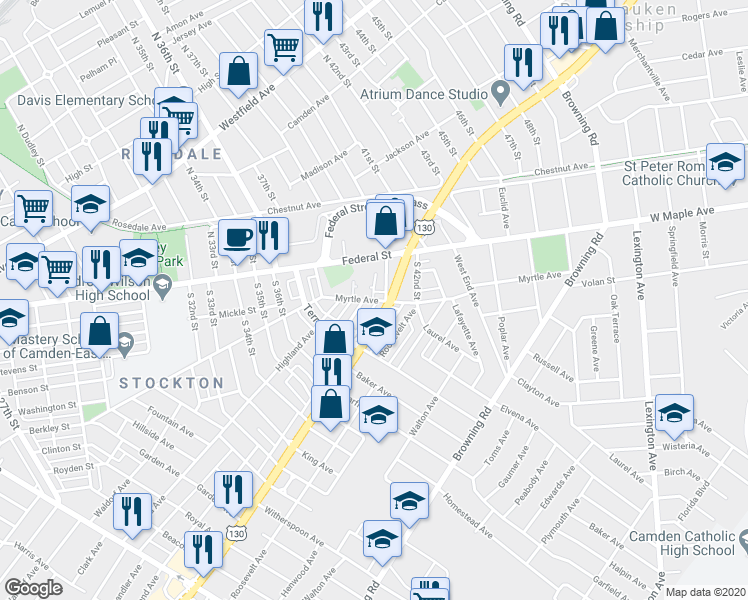 map of restaurants, bars, coffee shops, grocery stores, and more near 4001 Myrtle Avenue in Camden