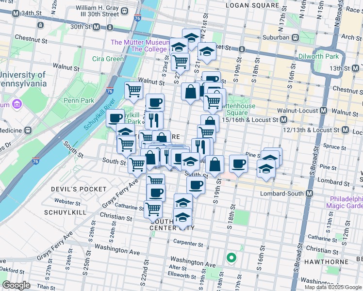 map of restaurants, bars, coffee shops, grocery stores, and more near 2102 Pine Street in Philadelphia