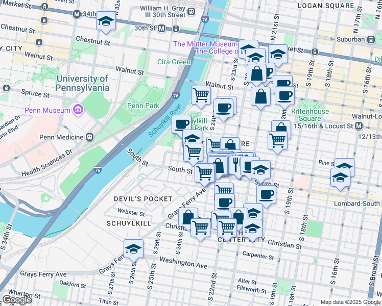 map of restaurants, bars, coffee shops, grocery stores, and more near 2531 Lombard Street in Philadelphia