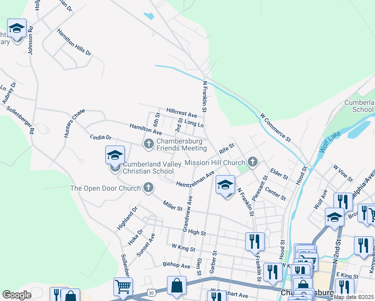 map of restaurants, bars, coffee shops, grocery stores, and more near 670 Harrison Drive in Chambersburg