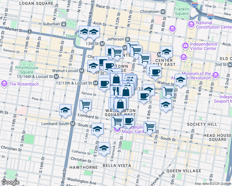 map of restaurants, bars, coffee shops, grocery stores, and more near 1029 Spruce Street in Philadelphia