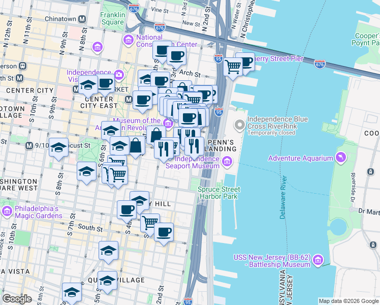 map of restaurants, bars, coffee shops, grocery stores, and more near 125 Walnut Street in Philadelphia