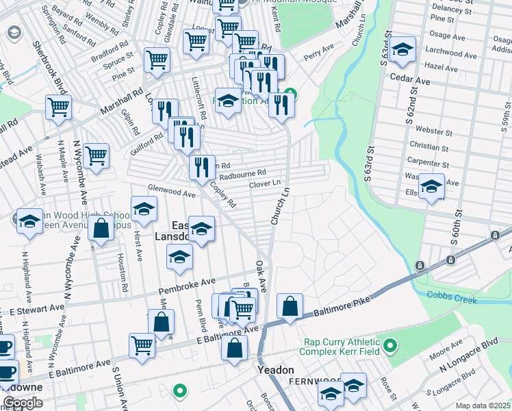 map of restaurants, bars, coffee shops, grocery stores, and more near 747 Crosley Avenue in Delaware County