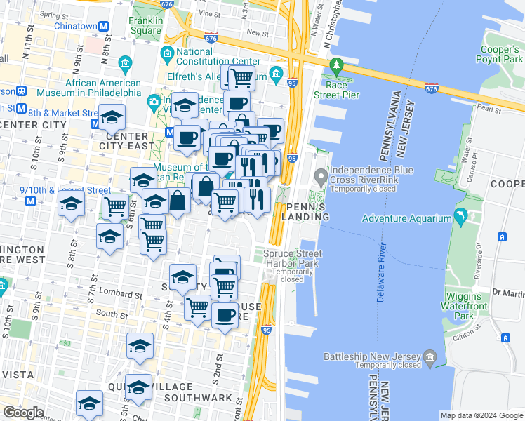 map of restaurants, bars, coffee shops, grocery stores, and more near 125 Walnut Street in Philadelphia