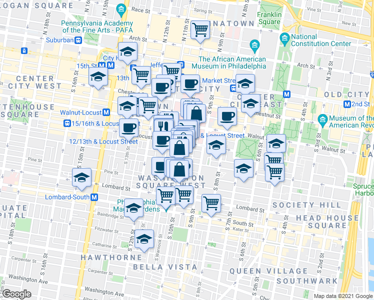 map of restaurants, bars, coffee shops, grocery stores, and more near in Philadelphia