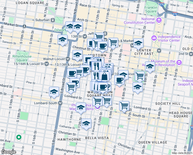 map of restaurants, bars, coffee shops, grocery stores, and more near 1029 Spruce Street in Philadelphia