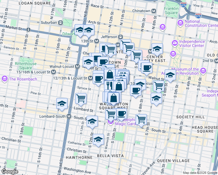 map of restaurants, bars, coffee shops, grocery stores, and more near 1029 Spruce Street in Philadelphia