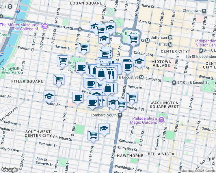 map of restaurants, bars, coffee shops, grocery stores, and more near 325 South 16th Street in Philadelphia