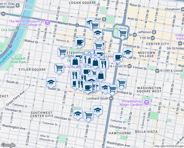map of restaurants, bars, coffee shops, grocery stores, and more near 341 South 17th Street in Philadelphia