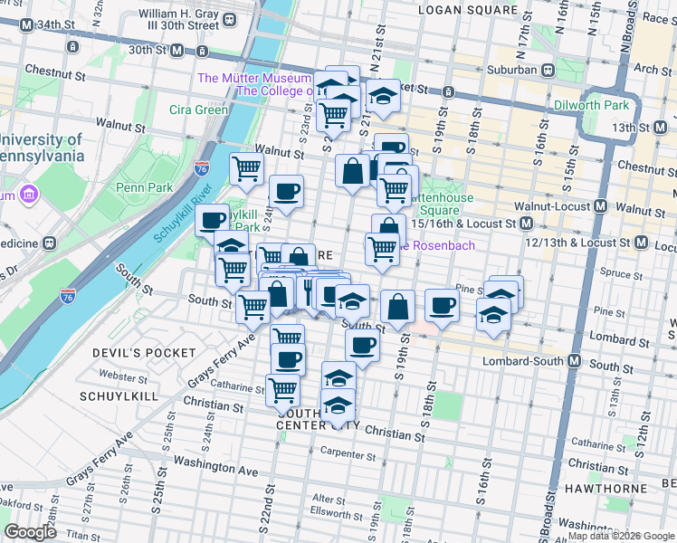 map of restaurants, bars, coffee shops, grocery stores, and more near 414 South 21st Street in Philadelphia