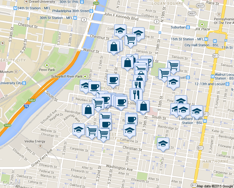 map of restaurants, bars, coffee shops, grocery stores, and more near 414 South 21st Street in Philadelphia