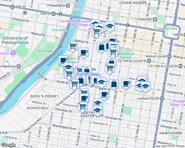map of restaurants, bars, coffee shops, grocery stores, and more near 414 South 21st Street in Philadelphia