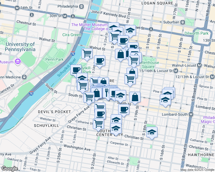 map of restaurants, bars, coffee shops, grocery stores, and more near in Philadelphia