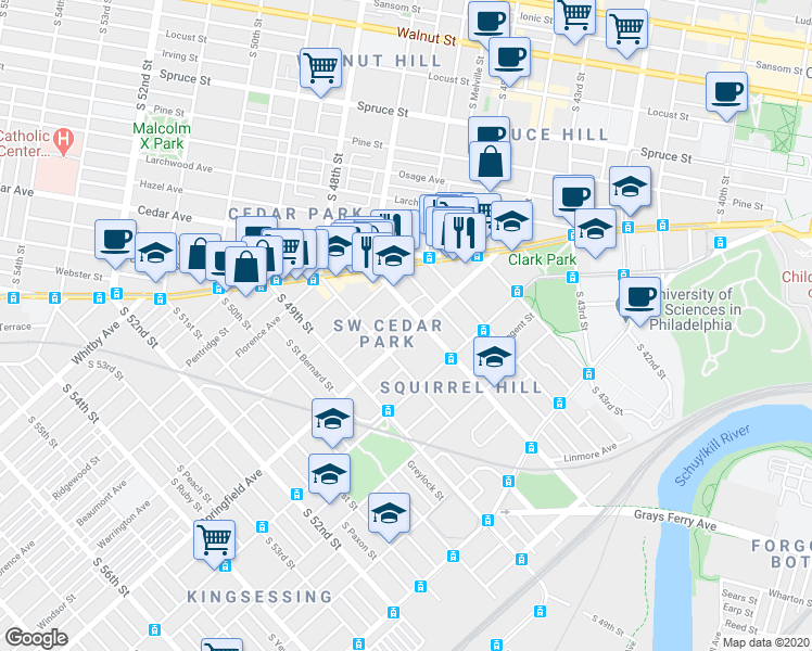 map of restaurants, bars, coffee shops, grocery stores, and more near 4717 Springfield Avenue in Philadelphia