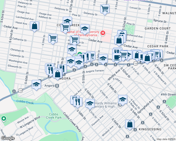 map of restaurants, bars, coffee shops, grocery stores, and more near 5422 Angora Terrace in Philadelphia