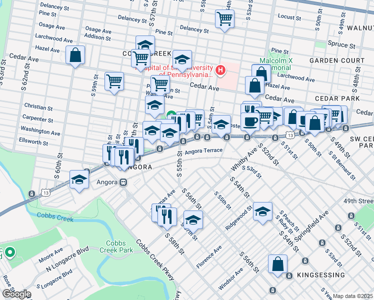 map of restaurants, bars, coffee shops, grocery stores, and more near 5422 Angora Terrace in Philadelphia