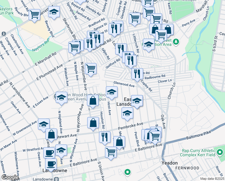 map of restaurants, bars, coffee shops, grocery stores, and more near 229 Hirst Avenue in Lansdowne