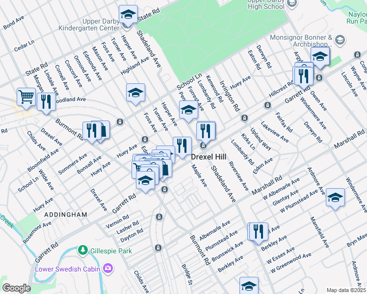 map of restaurants, bars, coffee shops, grocery stores, and more near 3231 Hillcrest Road in Drexel Hill