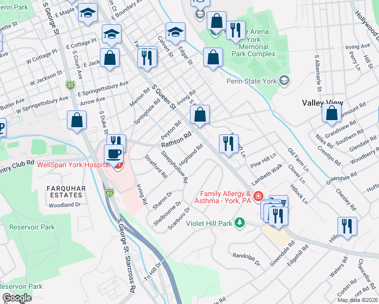map of restaurants, bars, coffee shops, grocery stores, and more near 165 Highland Road in York