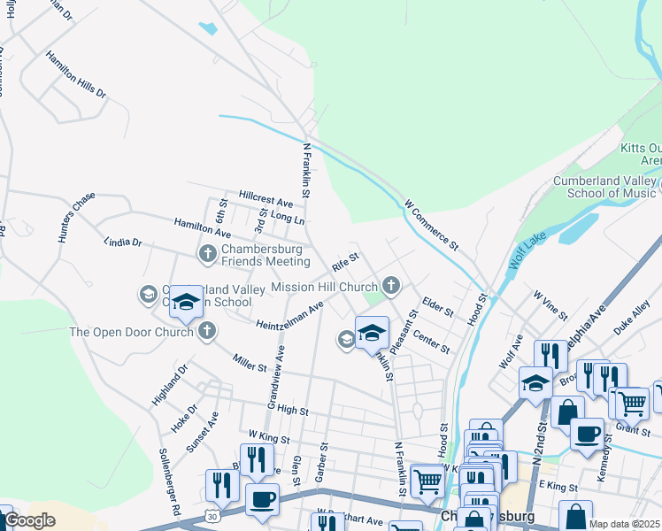 map of restaurants, bars, coffee shops, grocery stores, and more near 556 North Franklin Street in Chambersburg