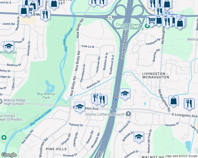 map of restaurants, bars, coffee shops, grocery stores, and more near 5472 Walshire Drive in Columbus