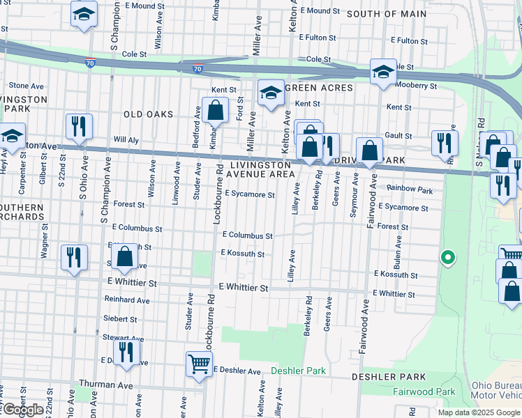map of restaurants, bars, coffee shops, grocery stores, and more near 976 Ellsworth Avenue in Columbus