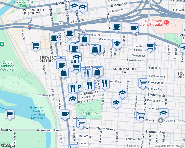 map of restaurants, bars, coffee shops, grocery stores, and more near 795 South 5th Street in Columbus