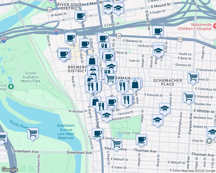 map of restaurants, bars, coffee shops, grocery stores, and more near 777 South 3rd Street in Columbus