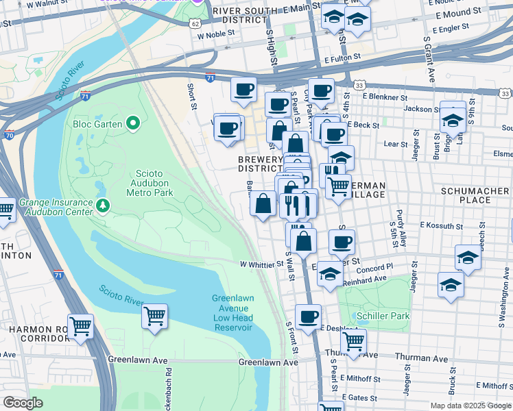 map of restaurants, bars, coffee shops, grocery stores, and more near 755 South Front Street in Columbus
