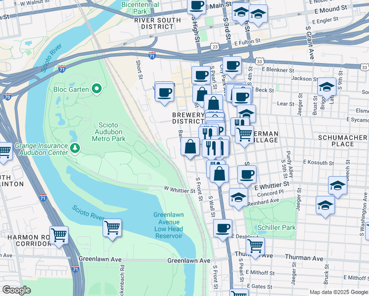 map of restaurants, bars, coffee shops, grocery stores, and more near 755 South Front Street in Columbus