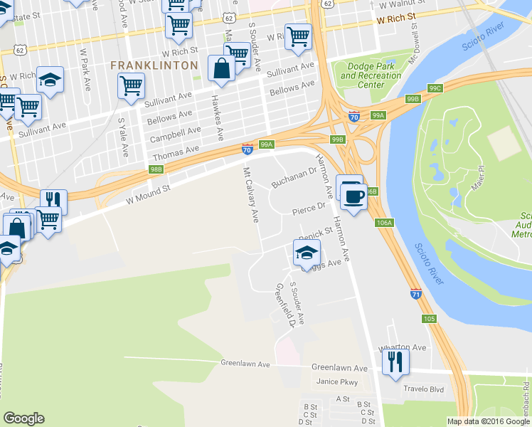 map of restaurants, bars, coffee shops, grocery stores, and more near 653 Mount Calvary Avenue in Columbus