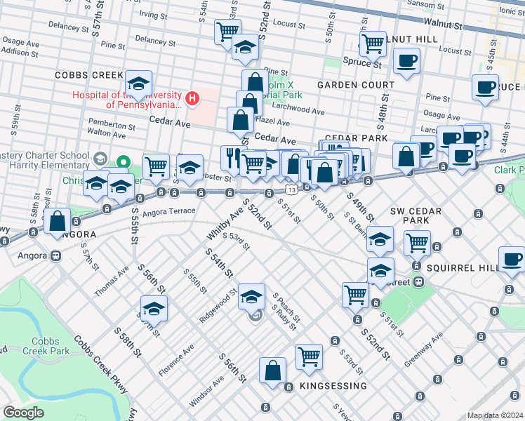 map of restaurants, bars, coffee shops, grocery stores, and more near 5139 Hadfield Street in Philadelphia