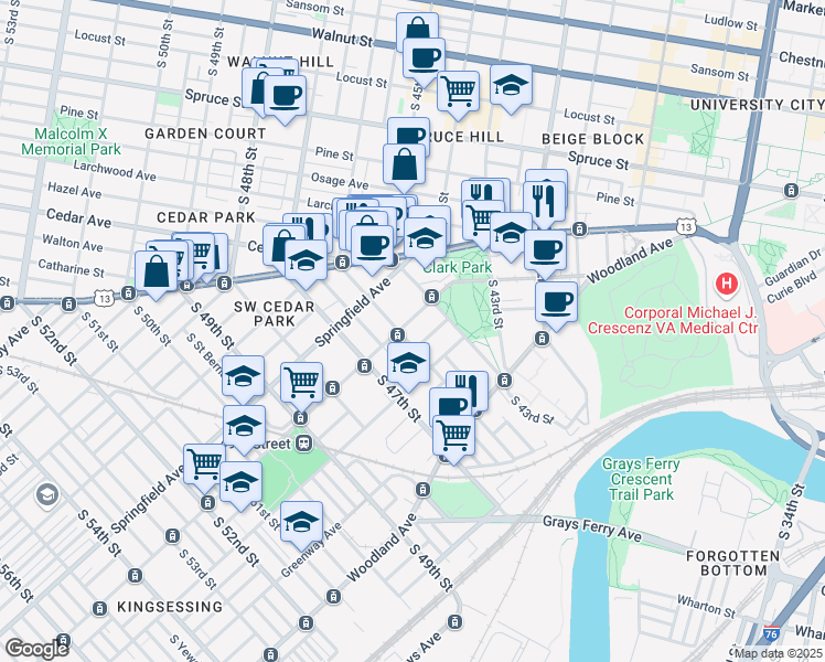 map of restaurants, bars, coffee shops, grocery stores, and more near 4534 Regent Street in Philadelphia
