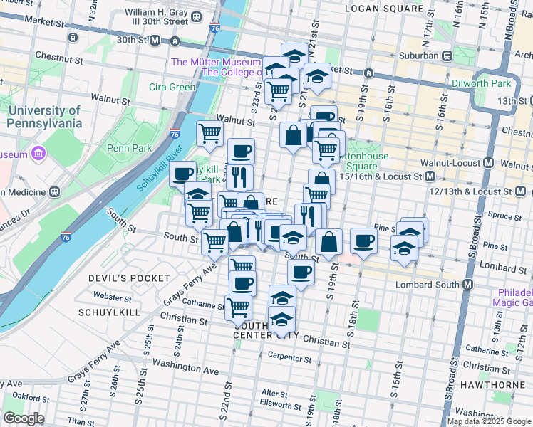 map of restaurants, bars, coffee shops, grocery stores, and more near 2122 Pine Street in Philadelphia