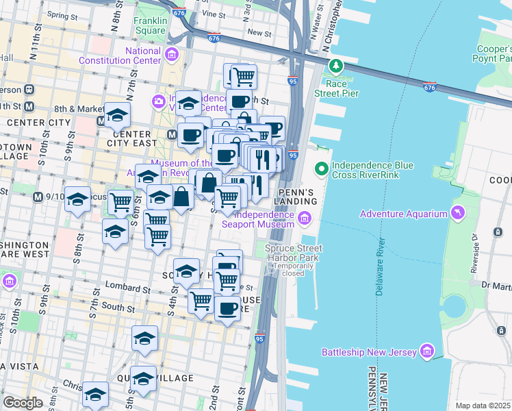 map of restaurants, bars, coffee shops, grocery stores, and more near 125 Walnut Street in Philadelphia