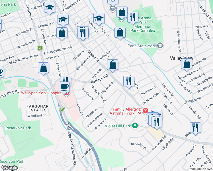 map of restaurants, bars, coffee shops, grocery stores, and more near 165 Highland Road in York