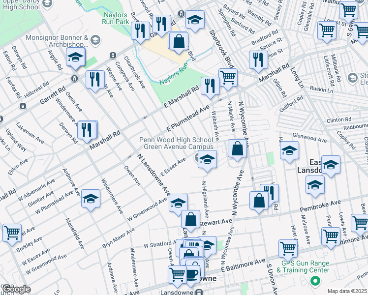 map of restaurants, bars, coffee shops, grocery stores, and more near 217 North Highland Avenue in Lansdowne