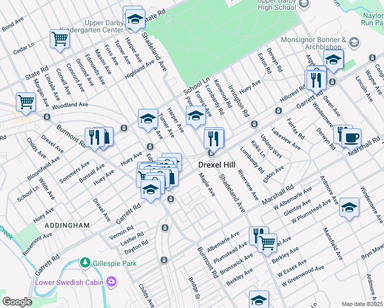 map of restaurants, bars, coffee shops, grocery stores, and more near 3231 Hillcrest Road in Drexel Hill