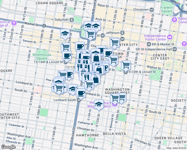 map of restaurants, bars, coffee shops, grocery stores, and more near 1305 Spruce Street in Philadelphia