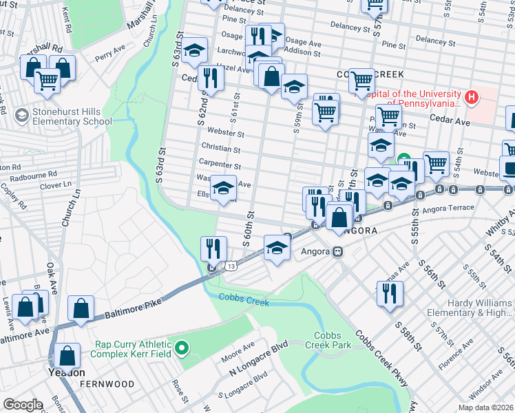 map of restaurants, bars, coffee shops, grocery stores, and more near 5931 Cobbs Creek Parkway in Philadelphia