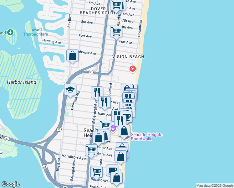 map of restaurants, bars, coffee shops, grocery stores, and more near 54 Carteret Avenue in Seaside Heights