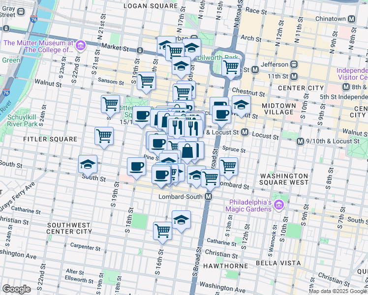 map of restaurants, bars, coffee shops, grocery stores, and more near 1520 Spruce Street in Philadelphia