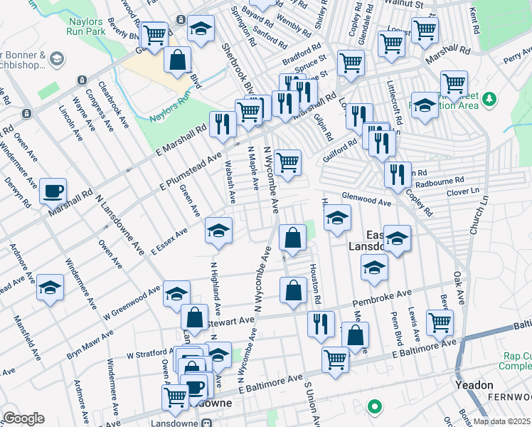 map of restaurants, bars, coffee shops, grocery stores, and more near 217 North Maple Avenue in Lansdowne